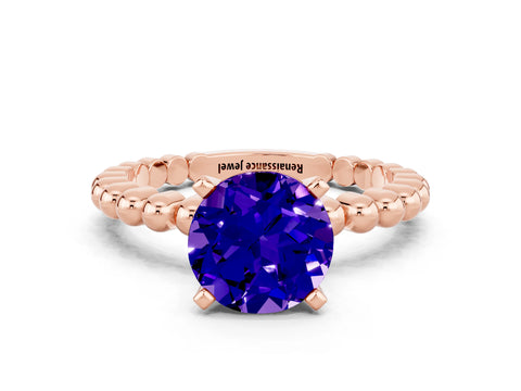 Rose gold Round Cut Tanzanite Solitaire Ring with Beaded Band and Prong Setting