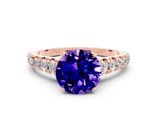 Rose gold Round Cut Tanzanite Cathedral Solitaire Ring with Round  Pavé Band