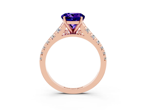 Rose gold Round Cut Tanzanite Cathedral Solitaire Ring with Round  Pavé Band