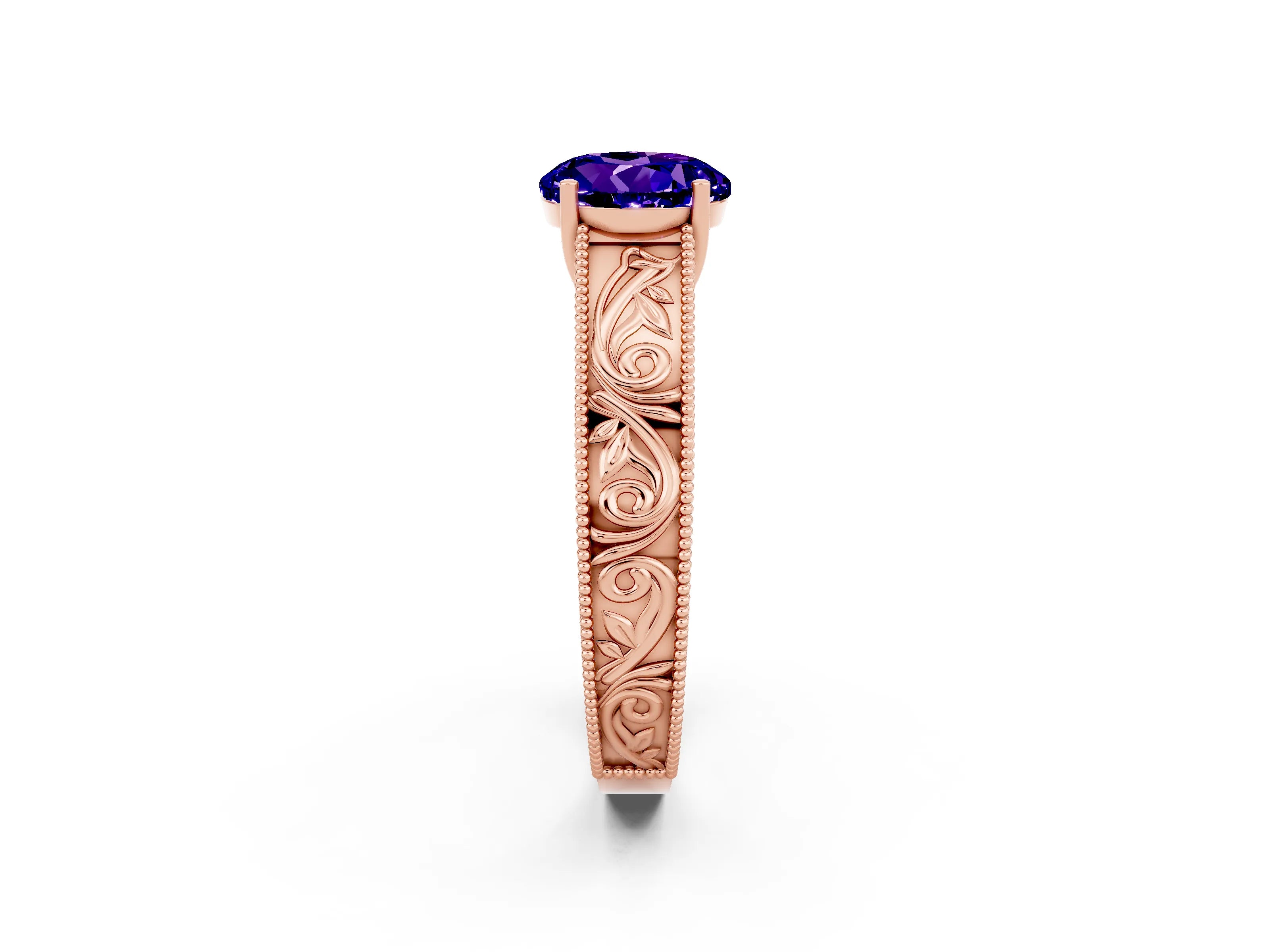Rose gold Round Cut Tanzanite Solitaire Ring with Engraved Band and Four-Prong Setting_2