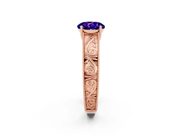 Rose gold Round Cut Tanzanite Solitaire Ring with Engraved Band and Four-Prong Setting