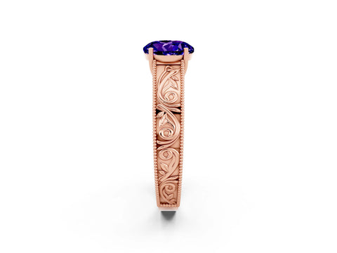 Rose gold Round Cut Tanzanite Solitaire Ring with Engraved Band and Four-Prong Setting_2