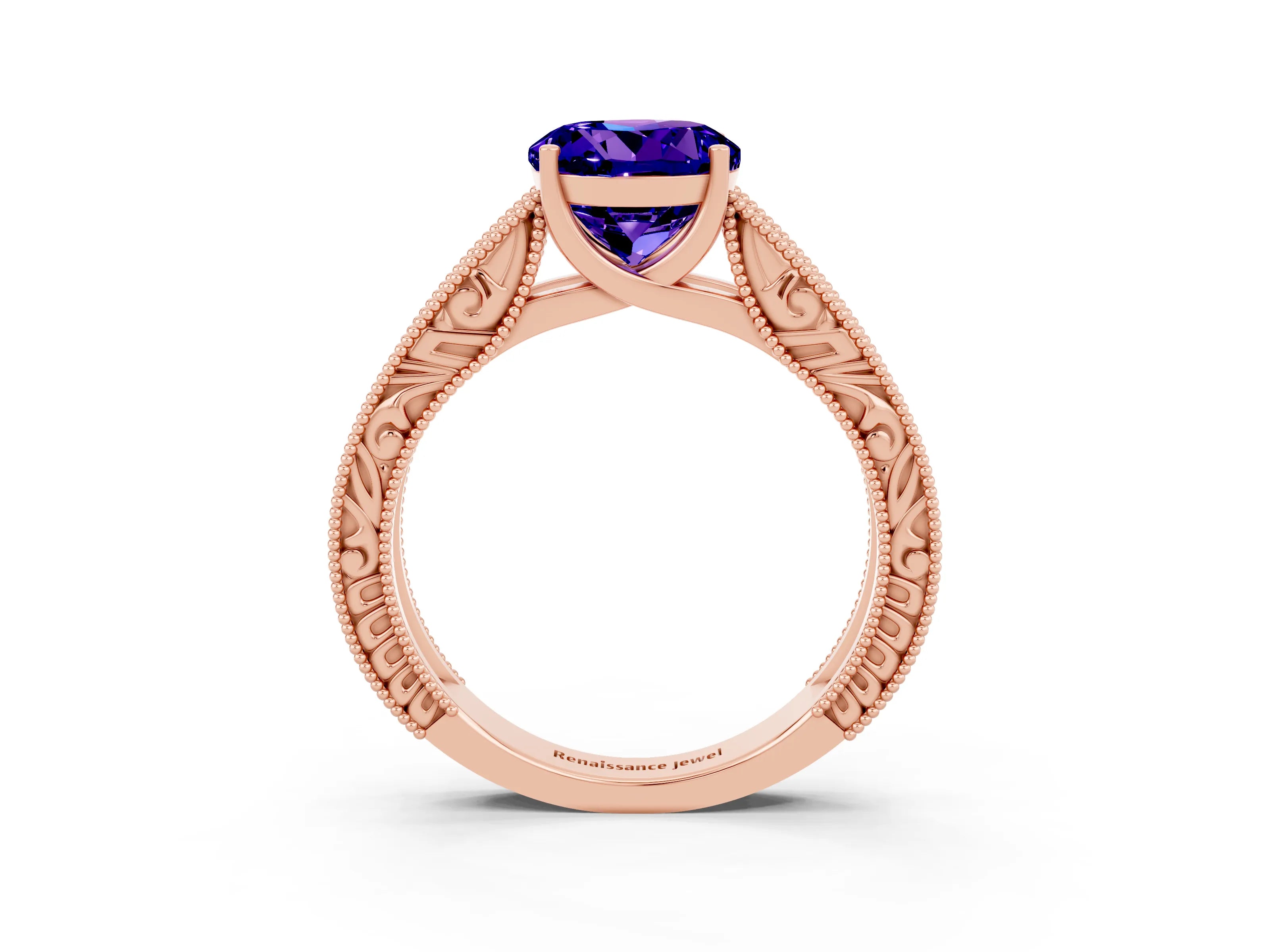 Rose gold Round Cut Tanzanite Solitaire Ring with Engraved Band and Four-Prong Setting_3