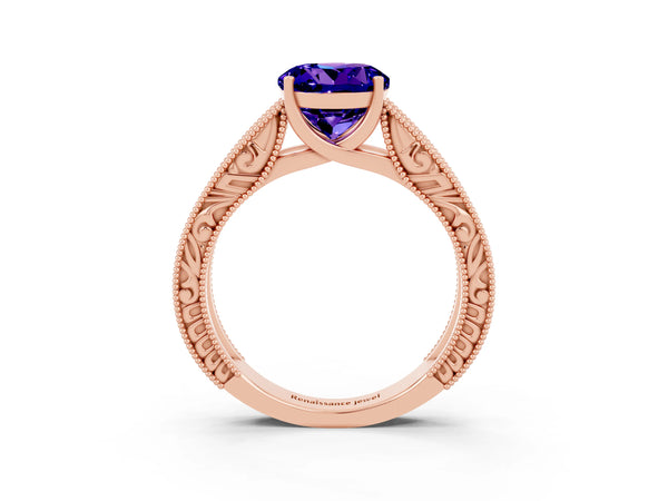 Rose gold Round Cut Tanzanite Solitaire Ring with Engraved Band and Four-Prong Setting
