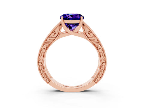 Rose gold Round Cut Tanzanite Solitaire Ring with Engraved Band and Four-Prong Setting_3