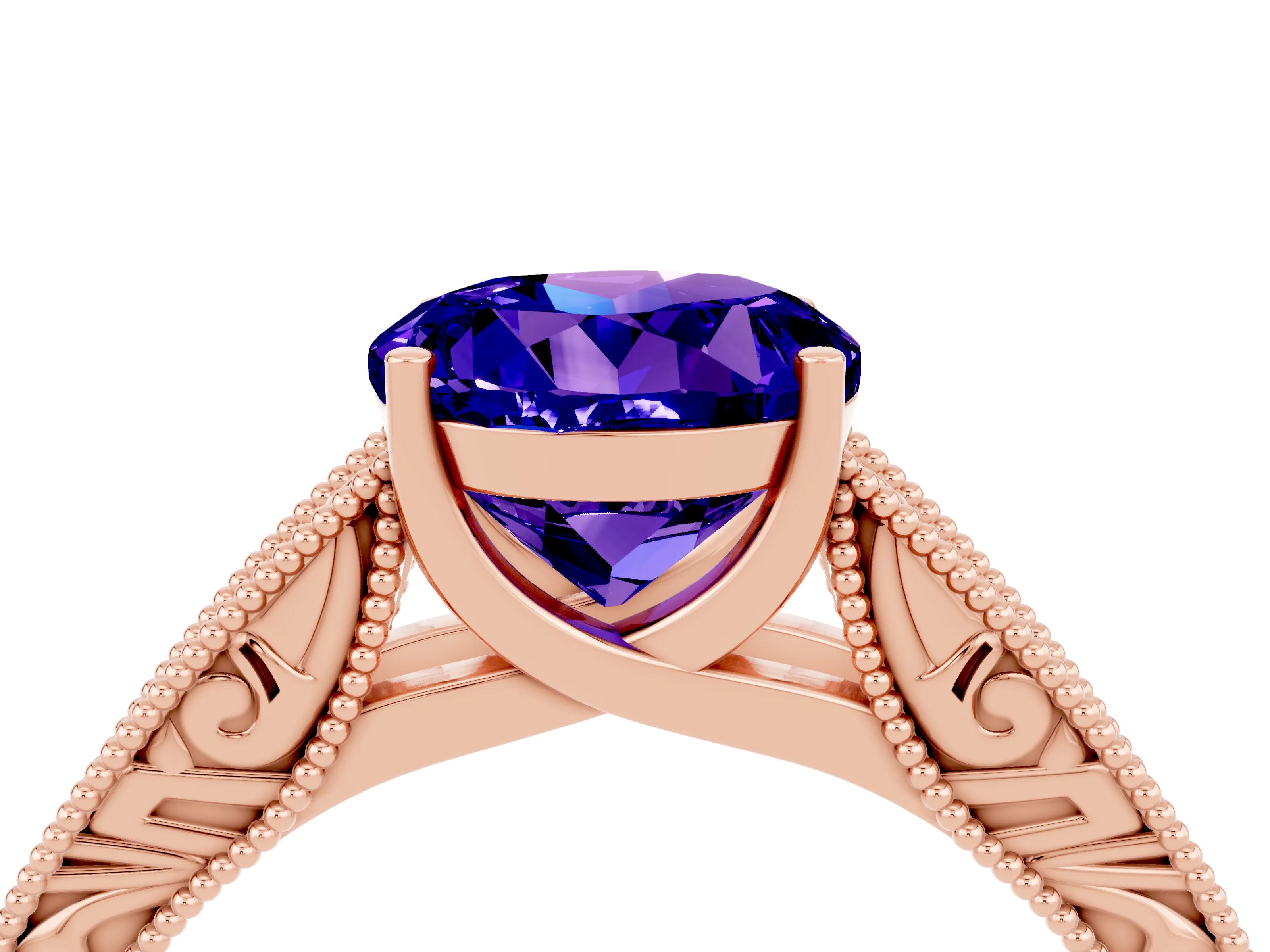 Rose gold Round Cut Tanzanite Solitaire Ring with Engraved Band and Four-Prong Setting_4