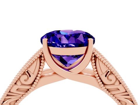 Rose gold Round Cut Tanzanite Solitaire Ring with Engraved Band and Four-Prong Setting_4