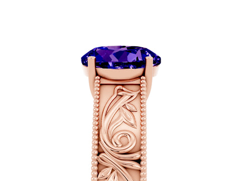 Rose gold Round Cut Tanzanite Solitaire Ring with Engraved Band and Four-Prong Setting_5