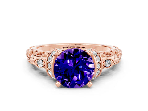 Rose gold Round Cut Tanzanite Solitaire Ring with Filigree Band and Four-Prong Setting_24