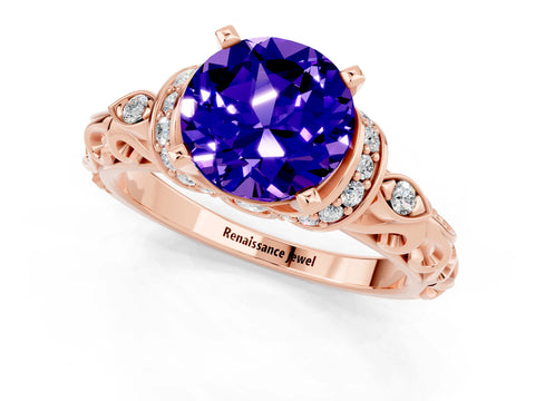 Rose gold Round Cut Tanzanite Solitaire Ring with Filigree Band and Four-Prong Setting_25