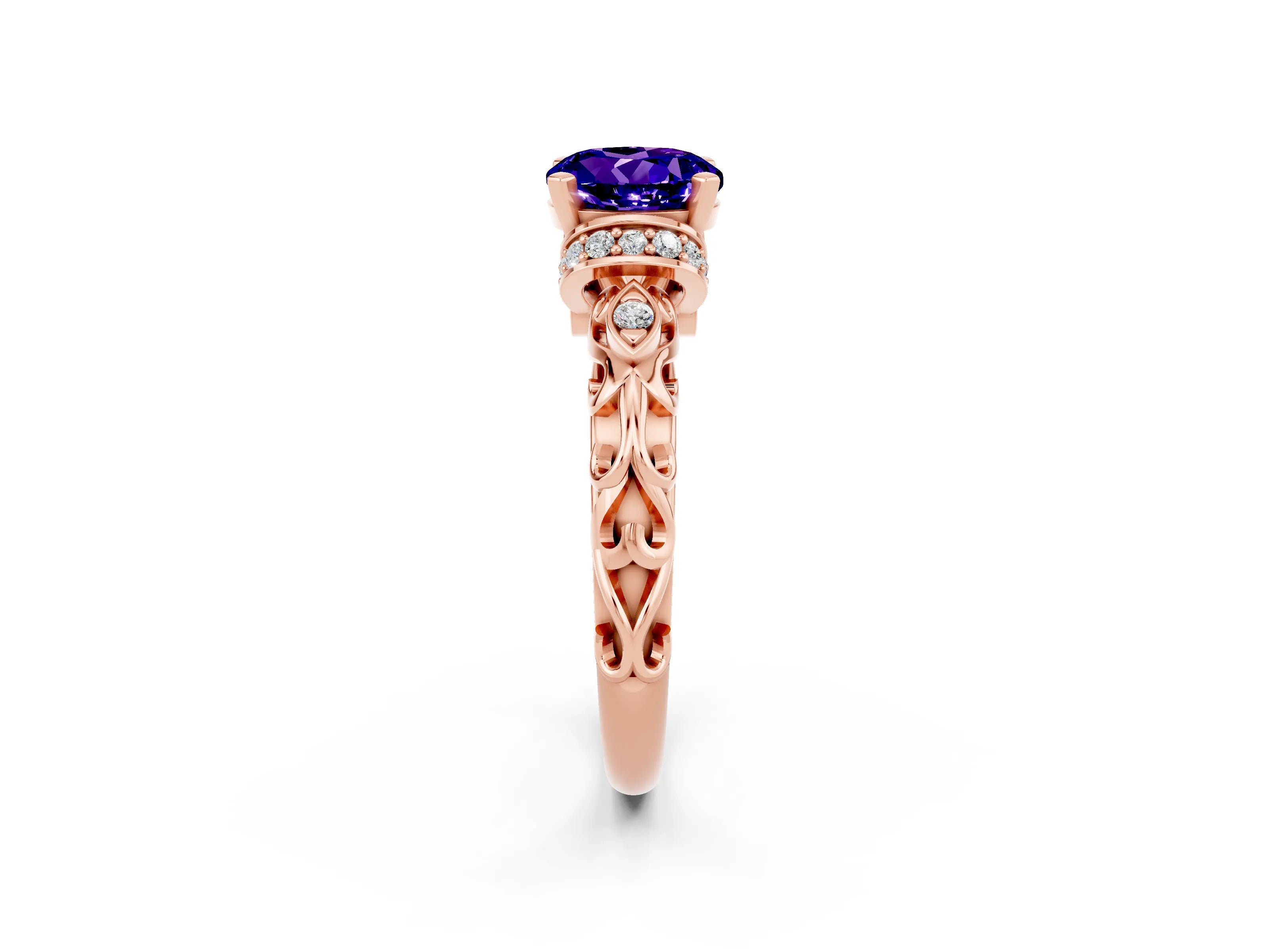 Rose gold Round Cut Tanzanite Solitaire Ring with Filigree Band and Four-Prong Setting_26