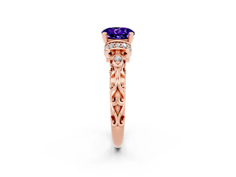 Rose gold Round Cut Tanzanite Solitaire Ring with Filigree Band and Four-Prong Setting_26