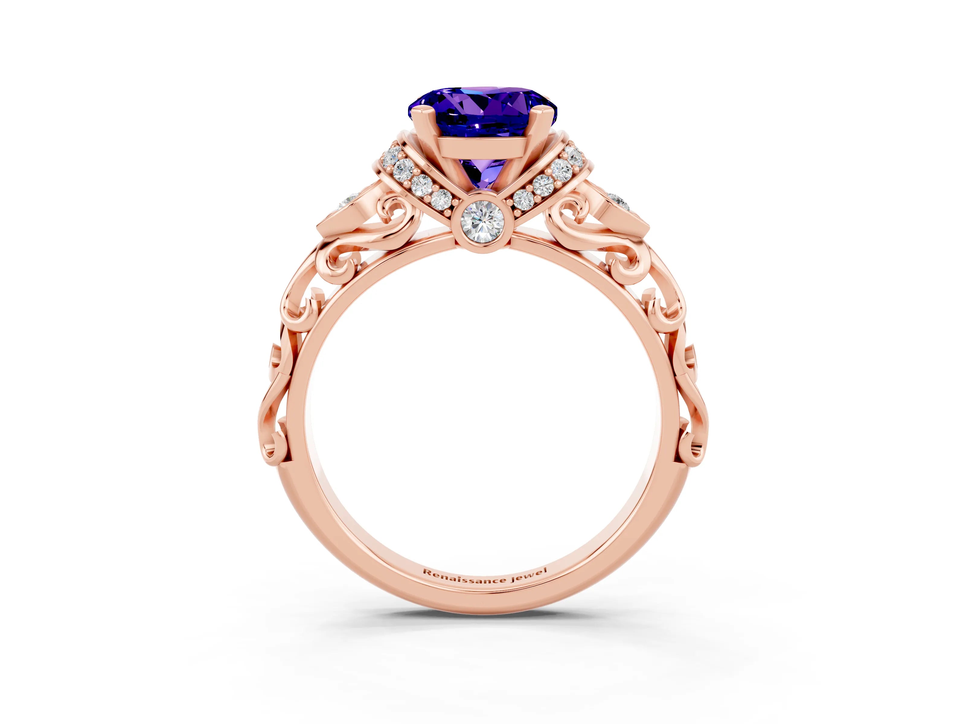 Rose gold Round Cut Tanzanite Solitaire Ring with Filigree Band and Four-Prong Setting_27