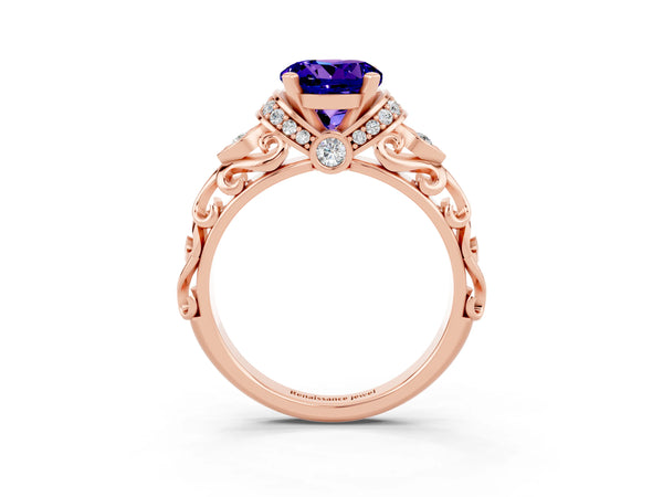 Rose gold Round Cut Tanzanite Solitaire Ring with Filigree Band and Four-Prong Setting