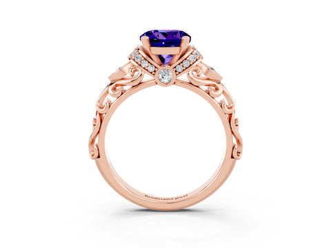 Rose gold Round Cut Tanzanite Solitaire Ring with Filigree Band and Four-Prong Setting_27