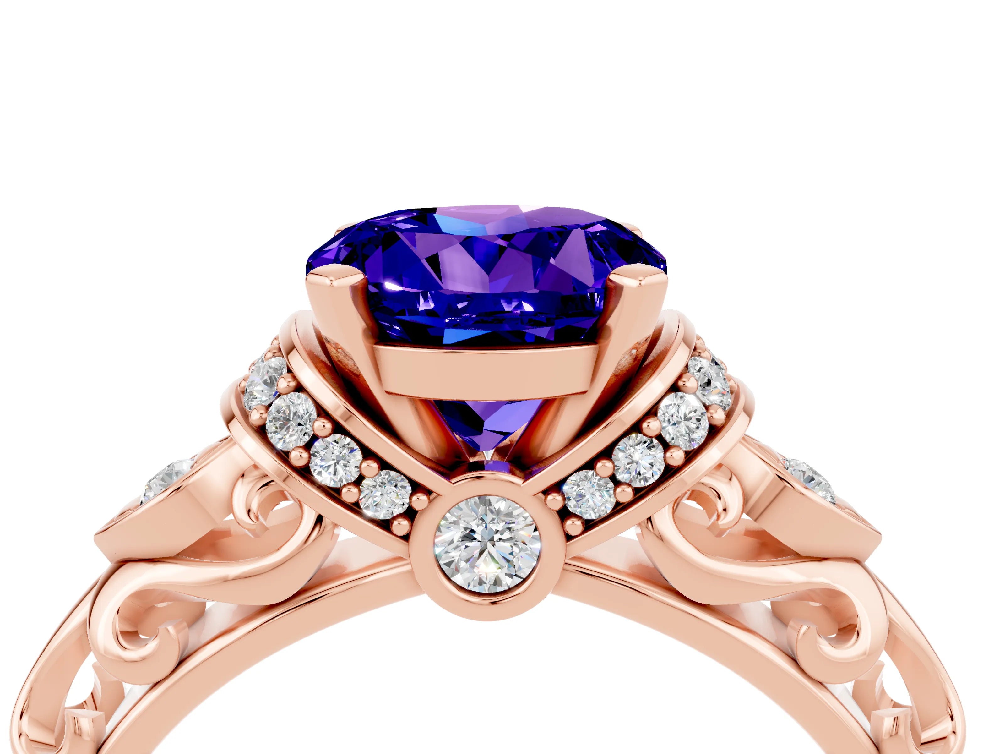 Rose gold Round Cut Tanzanite Solitaire Ring with Filigree Band and Four-Prong Setting_28