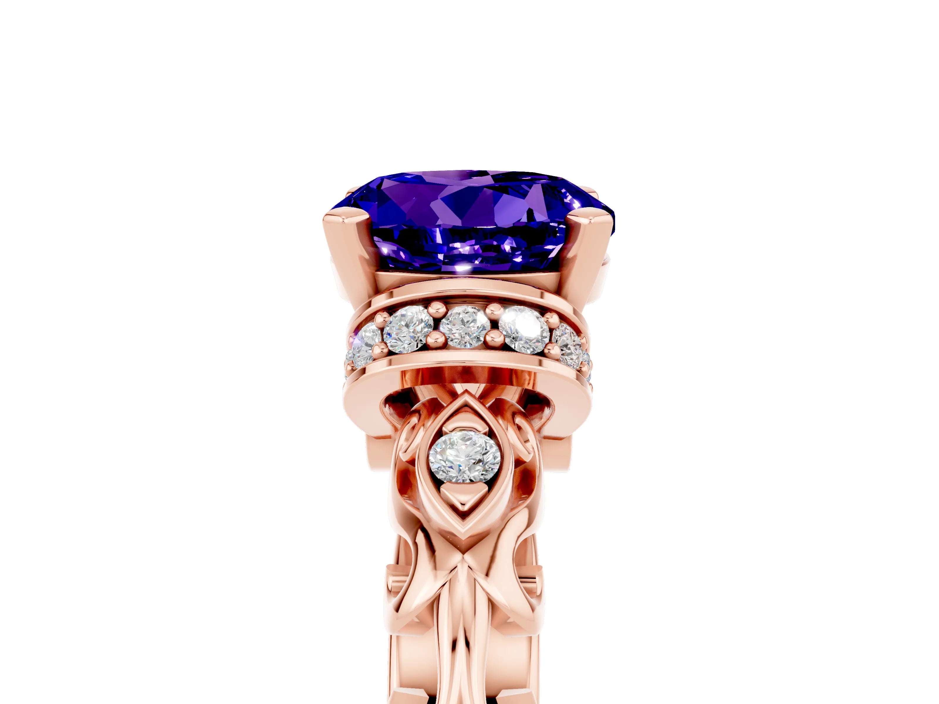 Rose gold Round Cut Tanzanite Solitaire Ring with Filigree Band and Four-Prong Setting_29
