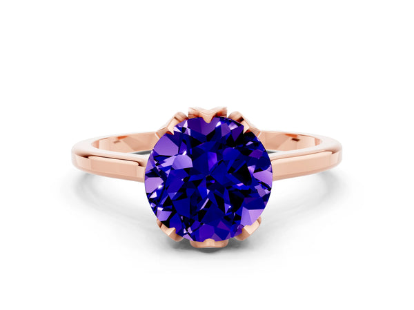 Rose gold Round Cut Tanzanite Solitaire Ring with Flower Prong Setting and Classic Band