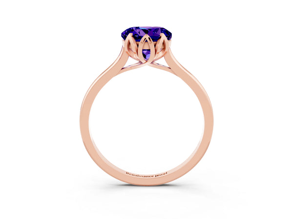 Rose gold Round Cut Tanzanite Solitaire Ring with Flower Prong Setting and Classic Band