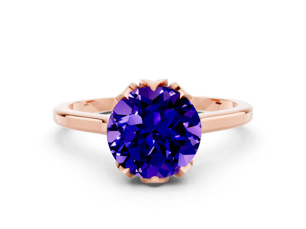 Rose gold Round Cut Tanzanite Solitaire Ring with Flower Prong Setting and Classic Band