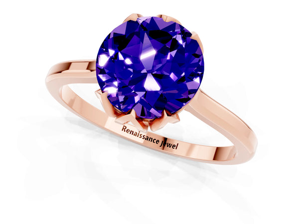 Rose gold Round Cut Tanzanite Solitaire Ring with Flower Prong Setting and Classic Band