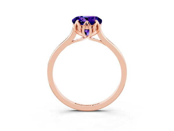 Rose gold Round Cut Tanzanite Solitaire Ring with Flower Prong Setting and Classic Band