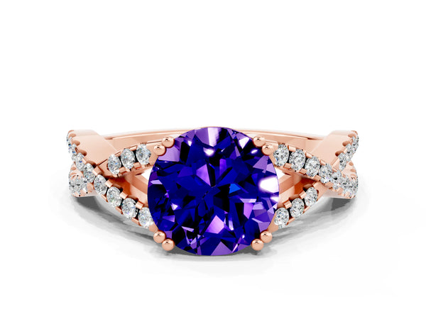 Rose gold Round Cut Tanzanite Solitaire Ring with Four-Prong Setting and Twisted Pavé Band