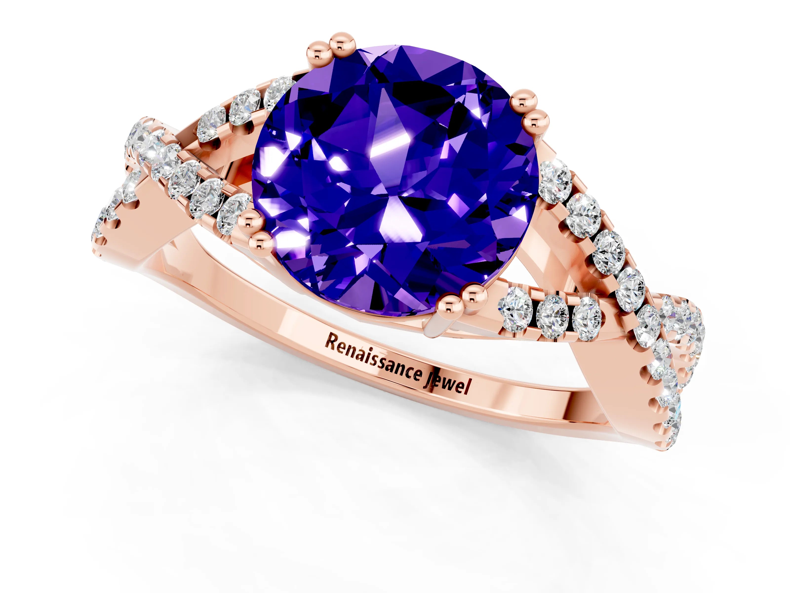 Rose gold Round Cut Tanzanite Solitaire Ring with Four-Prong Setting and Twisted Pavé Band_1