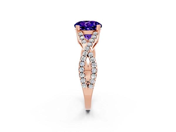 Rose gold Round Cut Tanzanite Solitaire Ring with Four-Prong Setting and Twisted Pavé Band