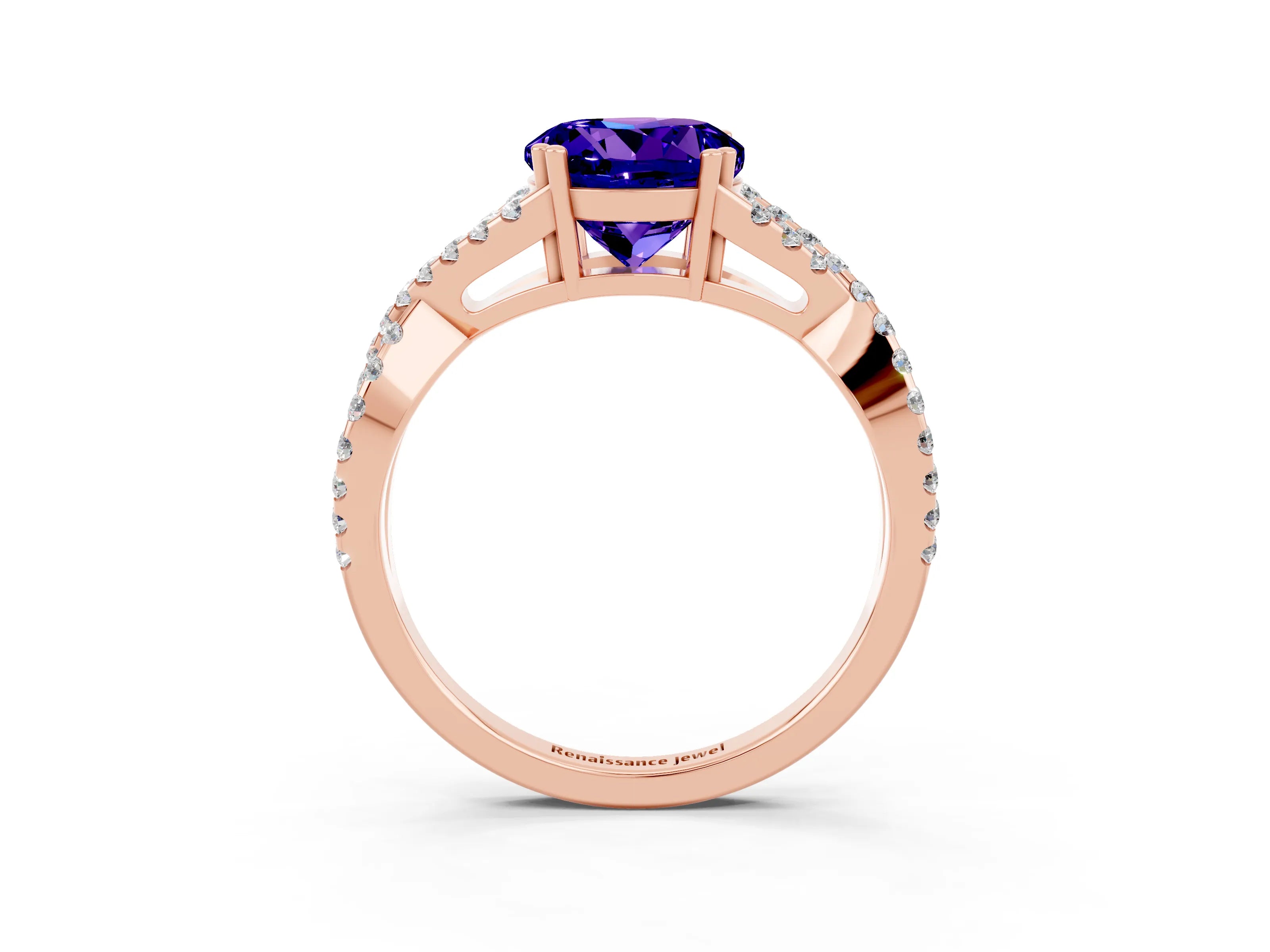 Rose gold Round Cut Tanzanite Solitaire Ring with Four-Prong Setting and Twisted Pavé Band_3