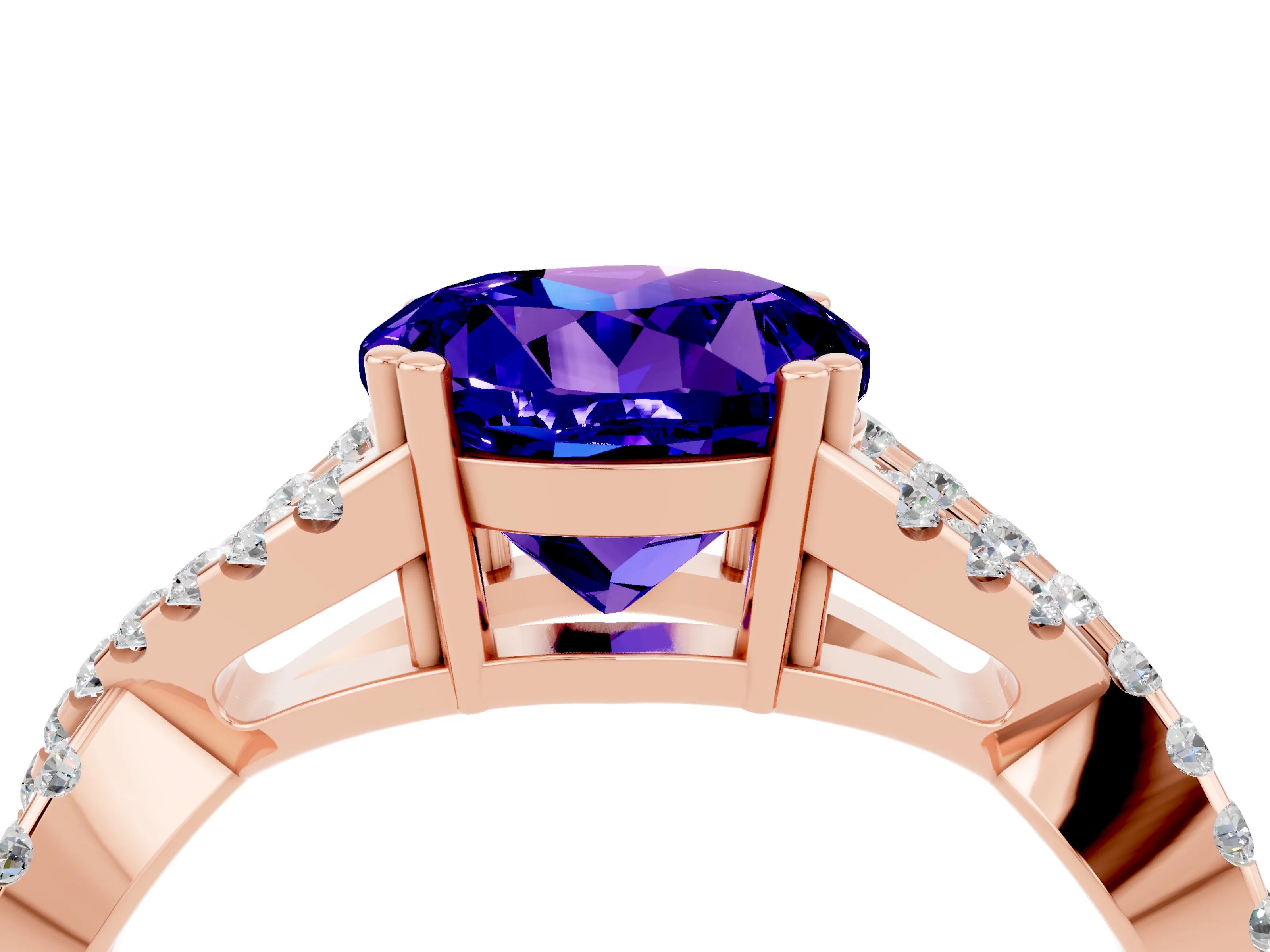 Rose gold Round Cut Tanzanite Solitaire Ring with Four-Prong Setting and Twisted Pavé Band_4