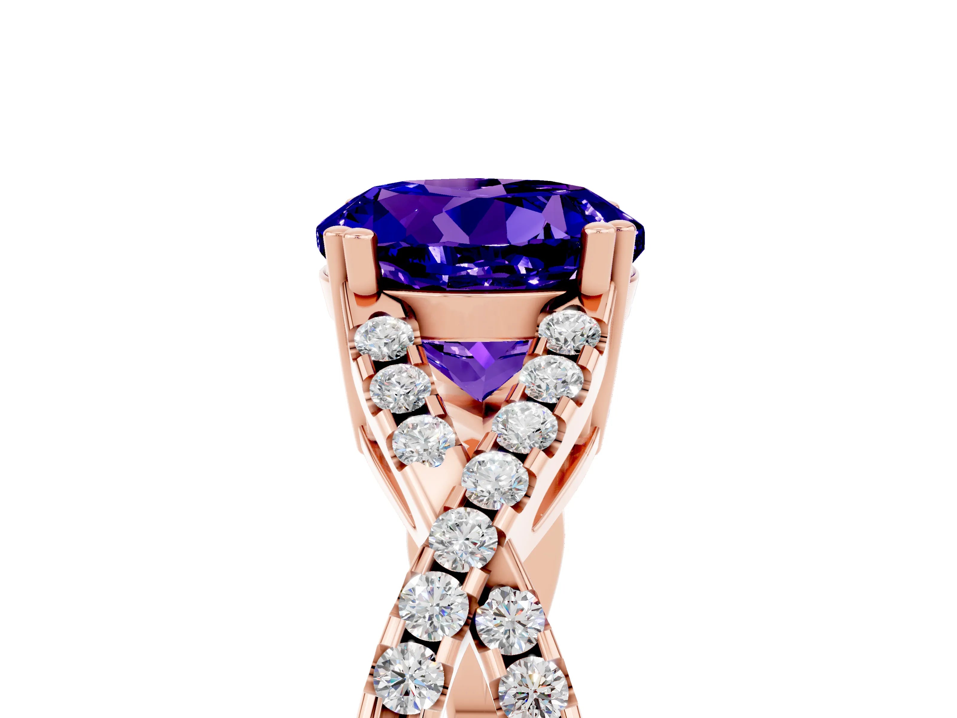 Rose gold Round Cut Tanzanite Solitaire Ring with Four-Prong Setting and Twisted Pavé Band_5