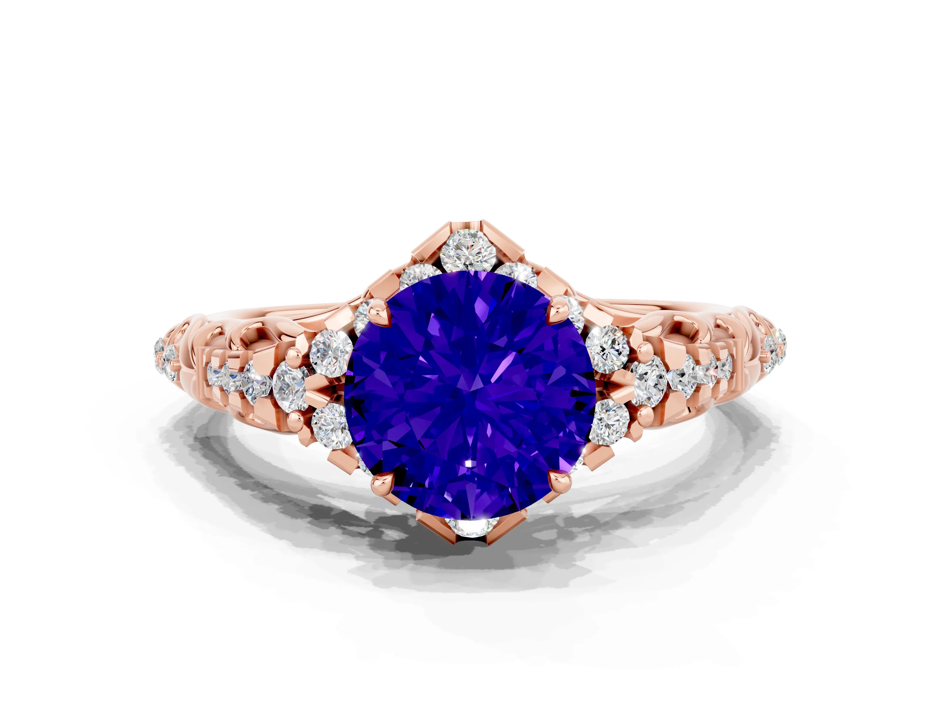 Rose gold Round Cut Tanzanite Solitaire Ring with Hidden Halo and Pavé Band_12