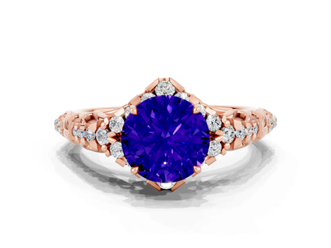 Rose gold Round Cut Tanzanite Solitaire Ring with Hidden Halo and Pavé Band_12