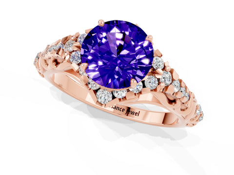 Rose gold Round Cut Tanzanite Solitaire Ring with Hidden Halo and Pavé Band_13
