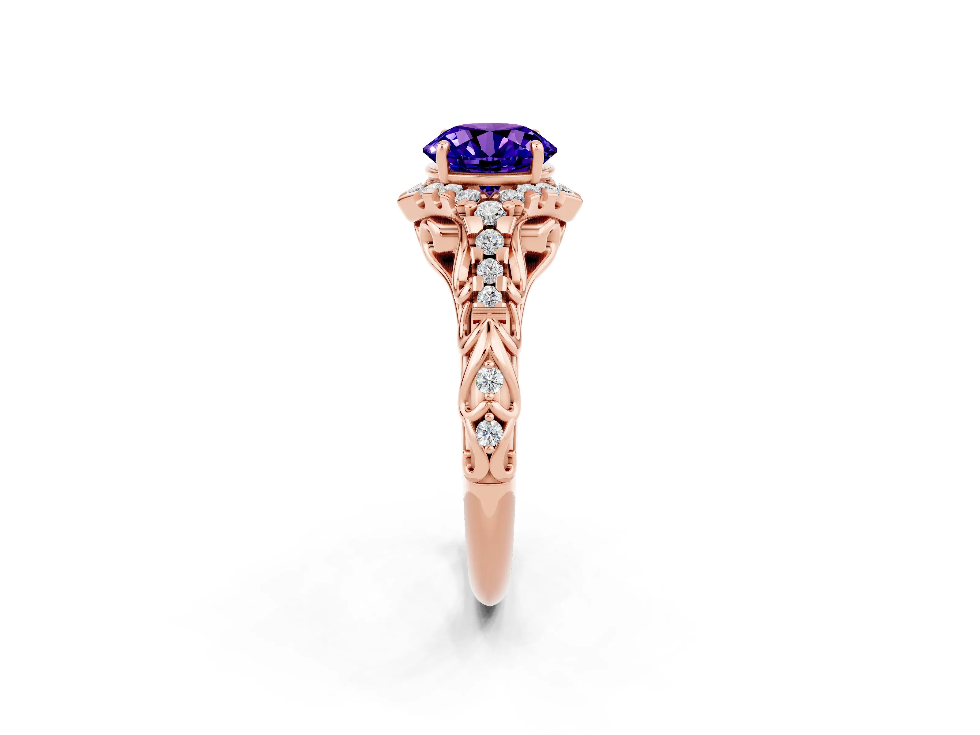 Rose gold Round Cut Tanzanite Solitaire Ring with Hidden Halo and Pavé Band_14