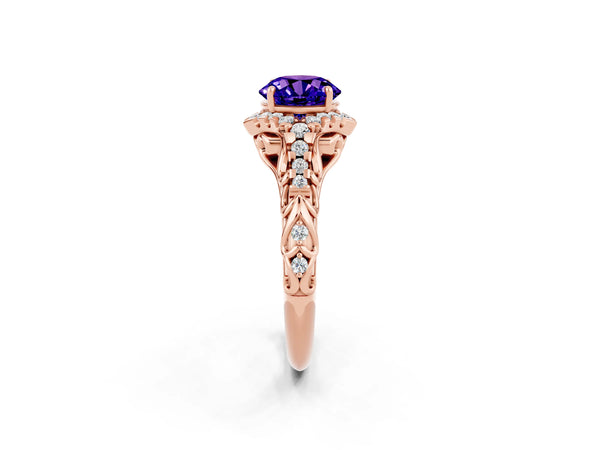 Rose gold Round Cut Tanzanite Solitaire Ring with Hidden Halo and Pavé Band