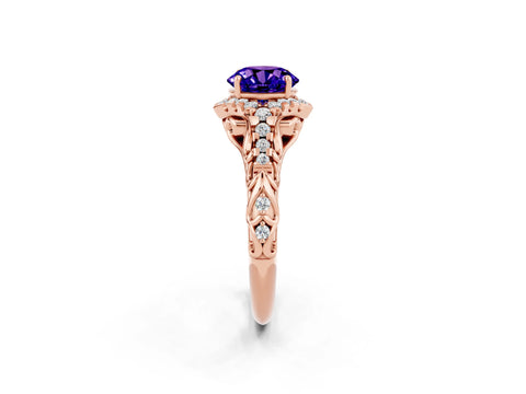Rose gold Round Cut Tanzanite Solitaire Ring with Hidden Halo and Pavé Band_14