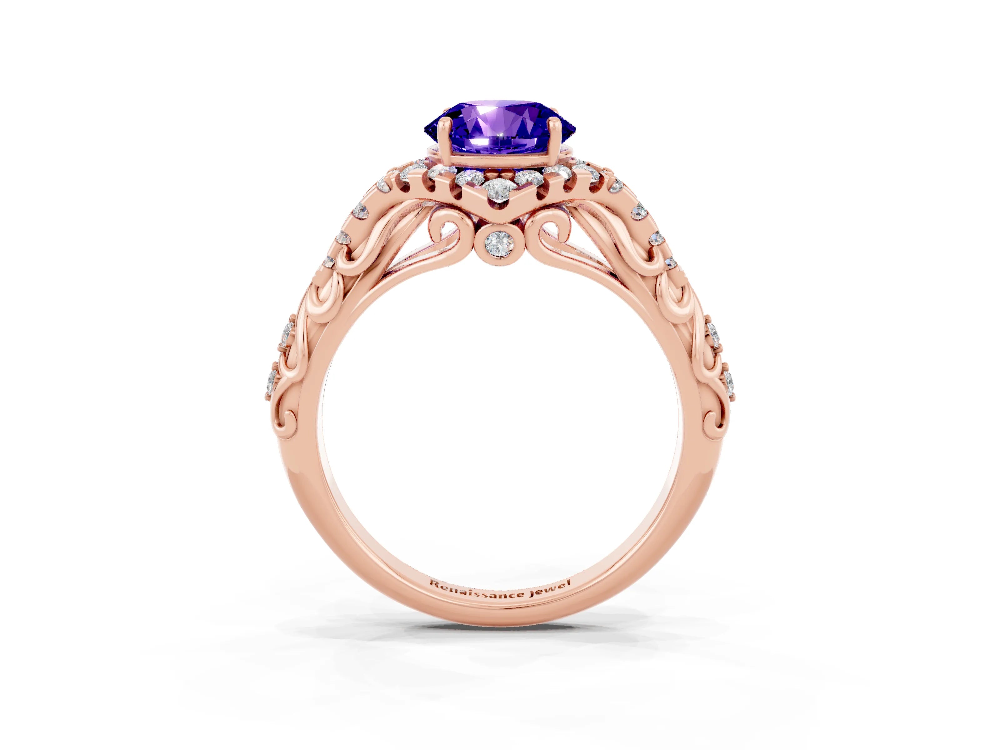 Rose gold Round Cut Tanzanite Solitaire Ring with Hidden Halo and Pavé Band_15