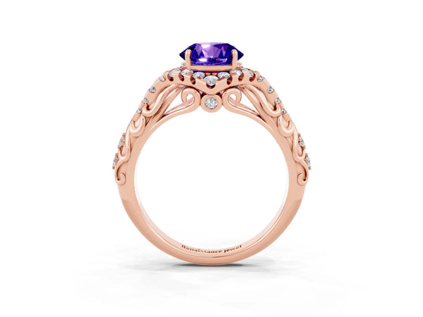 Rose gold Round Cut Tanzanite Solitaire Ring with Hidden Halo and Pavé Band