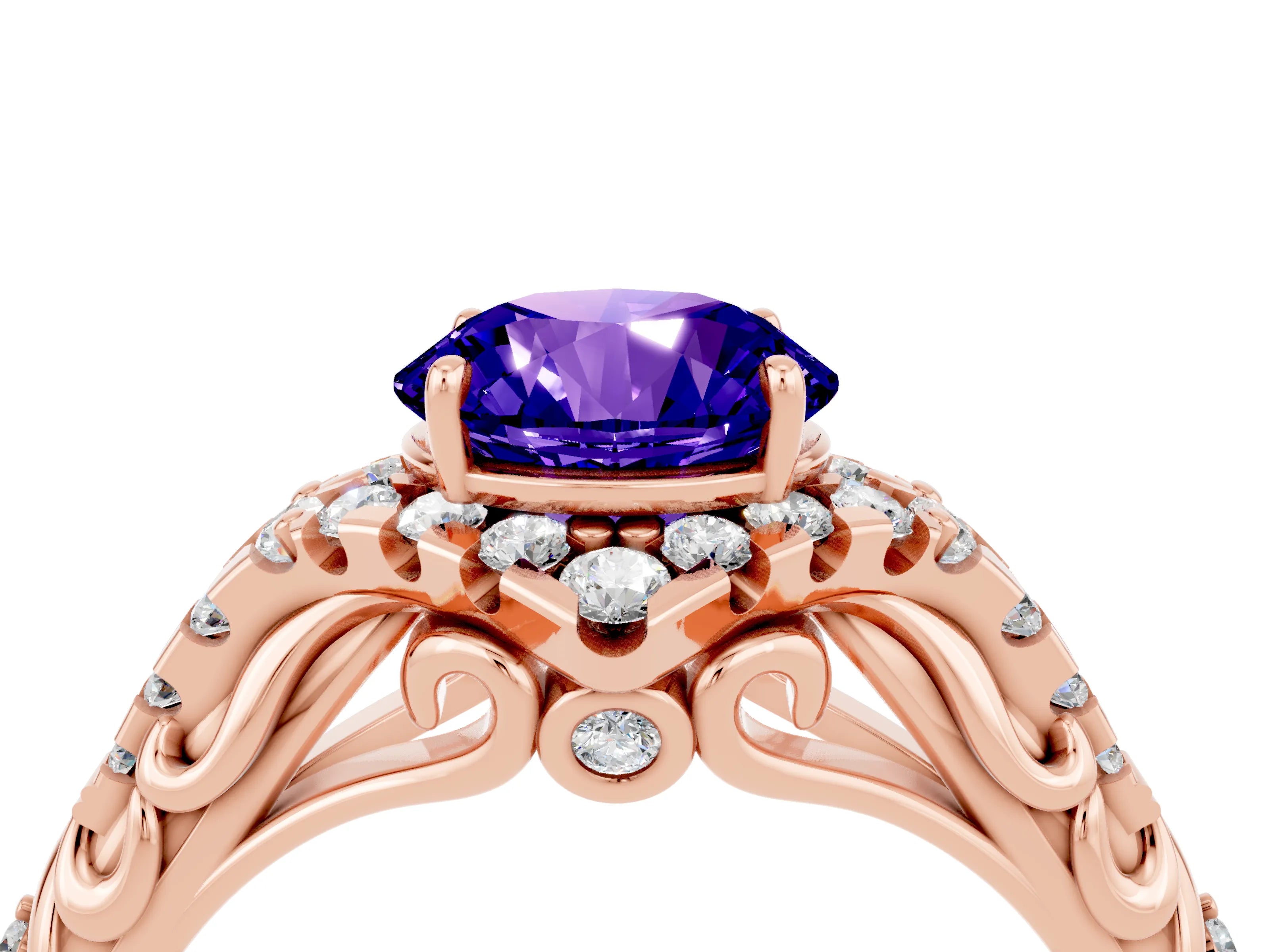 Rose gold Round Cut Tanzanite Solitaire Ring with Hidden Halo and Pavé Band_16