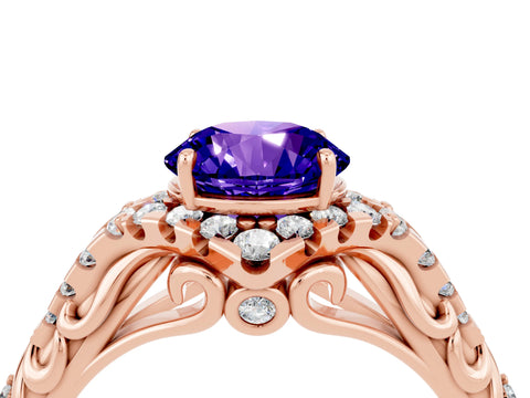 Rose gold Round Cut Tanzanite Solitaire Ring with Hidden Halo and Pavé Band_16