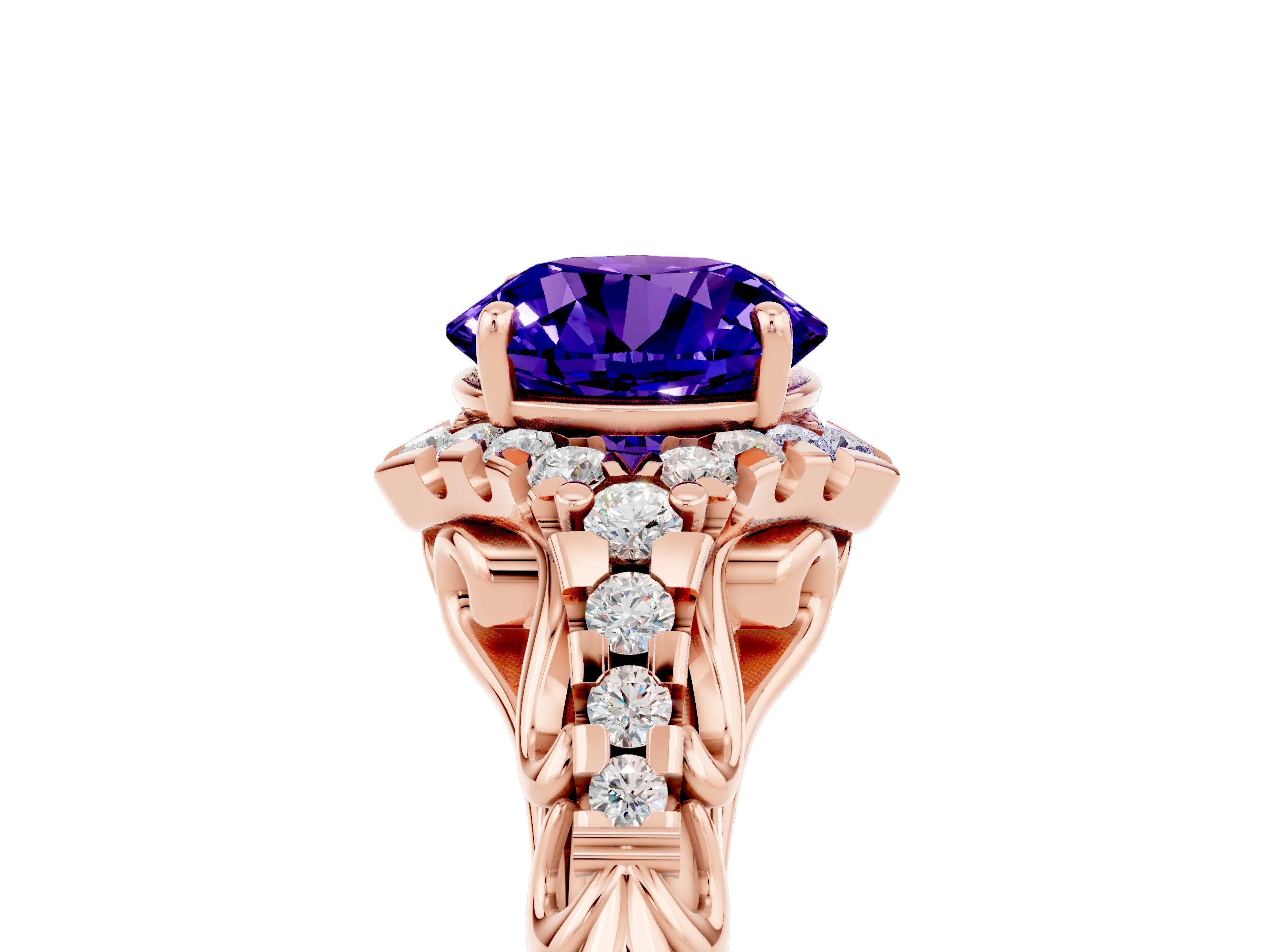 Rose gold Round Cut Tanzanite Solitaire Ring with Hidden Halo and Pavé Band_17