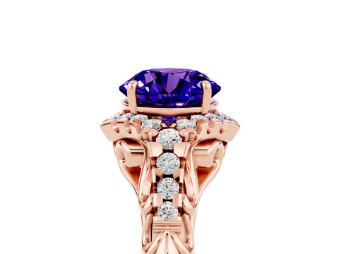 Rose gold Round Cut Tanzanite Solitaire Ring with Hidden Halo and Pavé Band_17