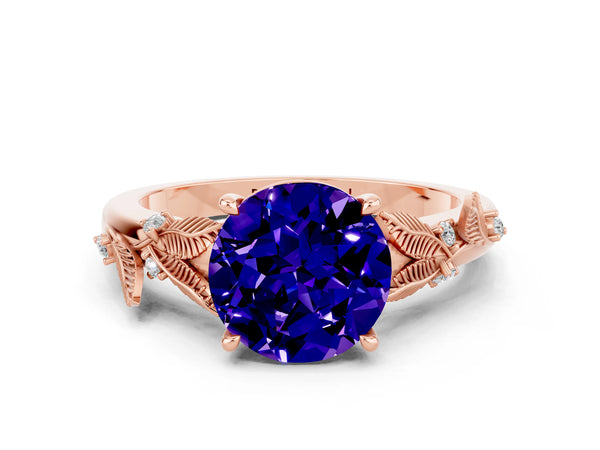 Rose gold Round Cut Tanzanite Solitaire Ring with Leaf Motif Band and Four-Prong Setting
