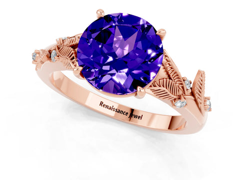 Rose gold Round Cut Tanzanite Solitaire Ring with Leaf Motif Band and Four-Prong Setting_1