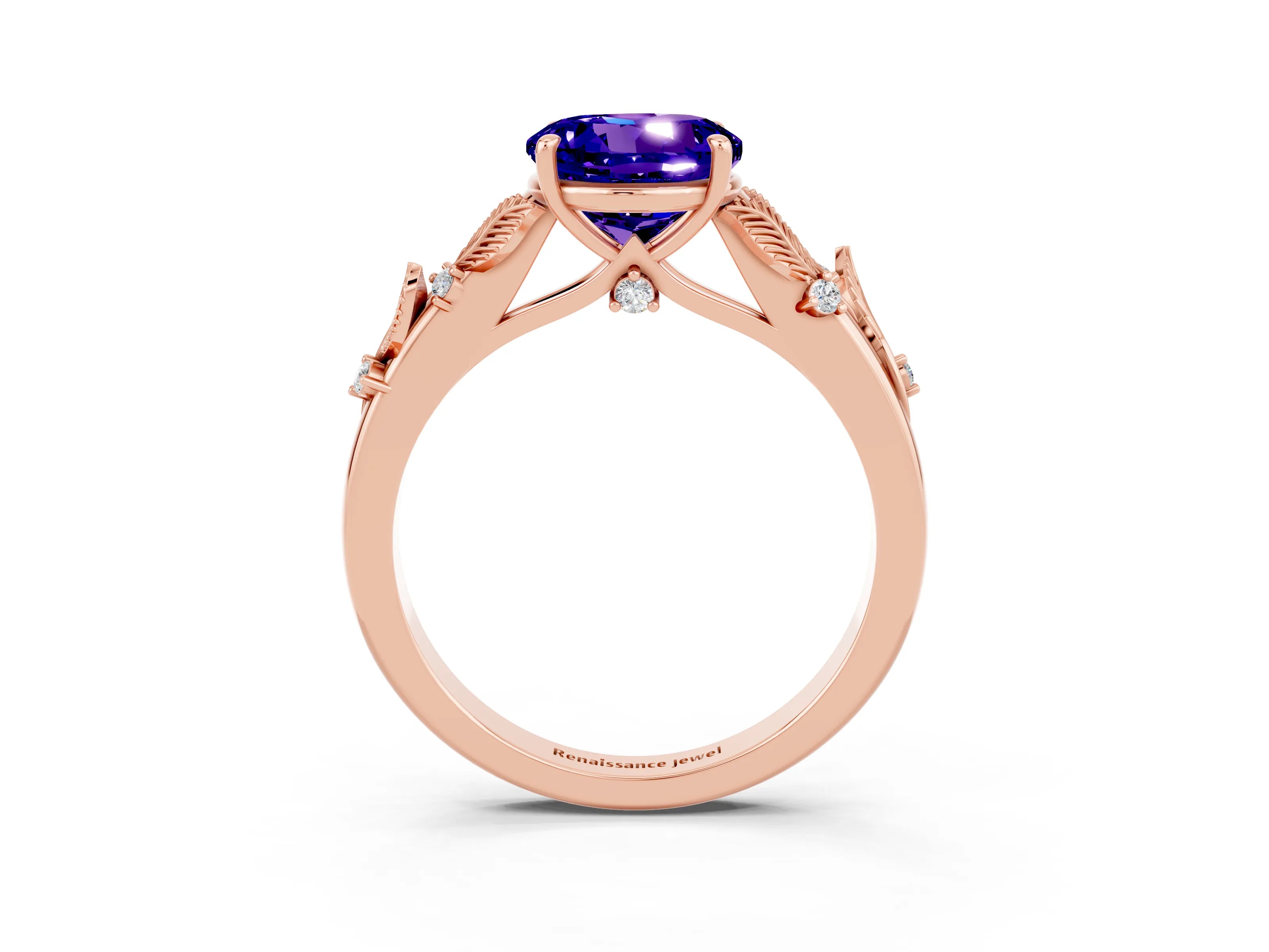 Rose gold Round Cut Tanzanite Solitaire Ring with Leaf Motif Band and Four-Prong Setting_3