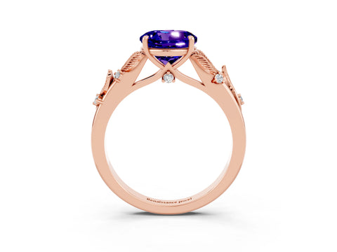 Rose gold Round Cut Tanzanite Solitaire Ring with Leaf Motif Band and Four-Prong Setting_3
