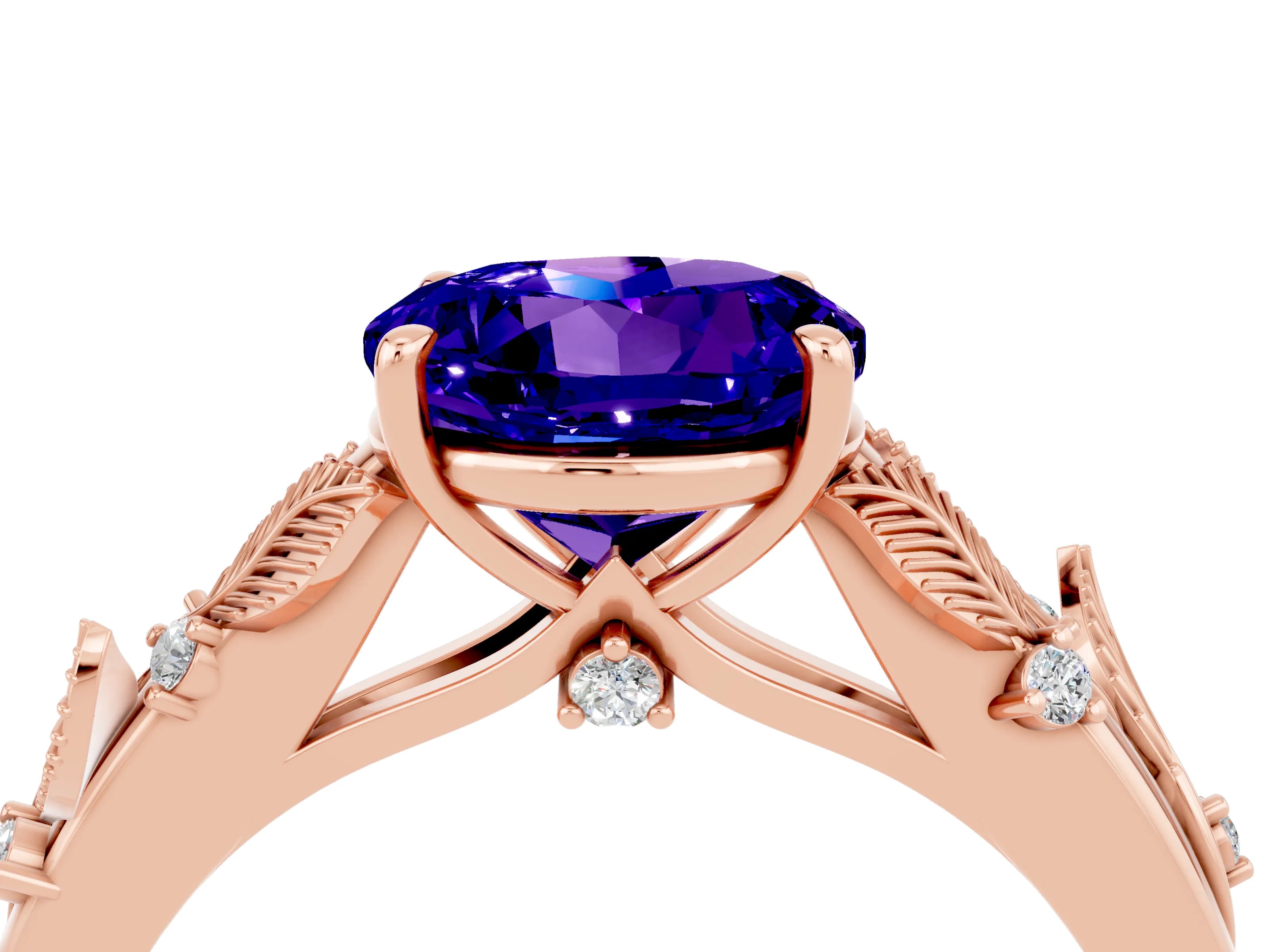 Rose gold Round Cut Tanzanite Solitaire Ring with Leaf Motif Band and Four-Prong Setting_4