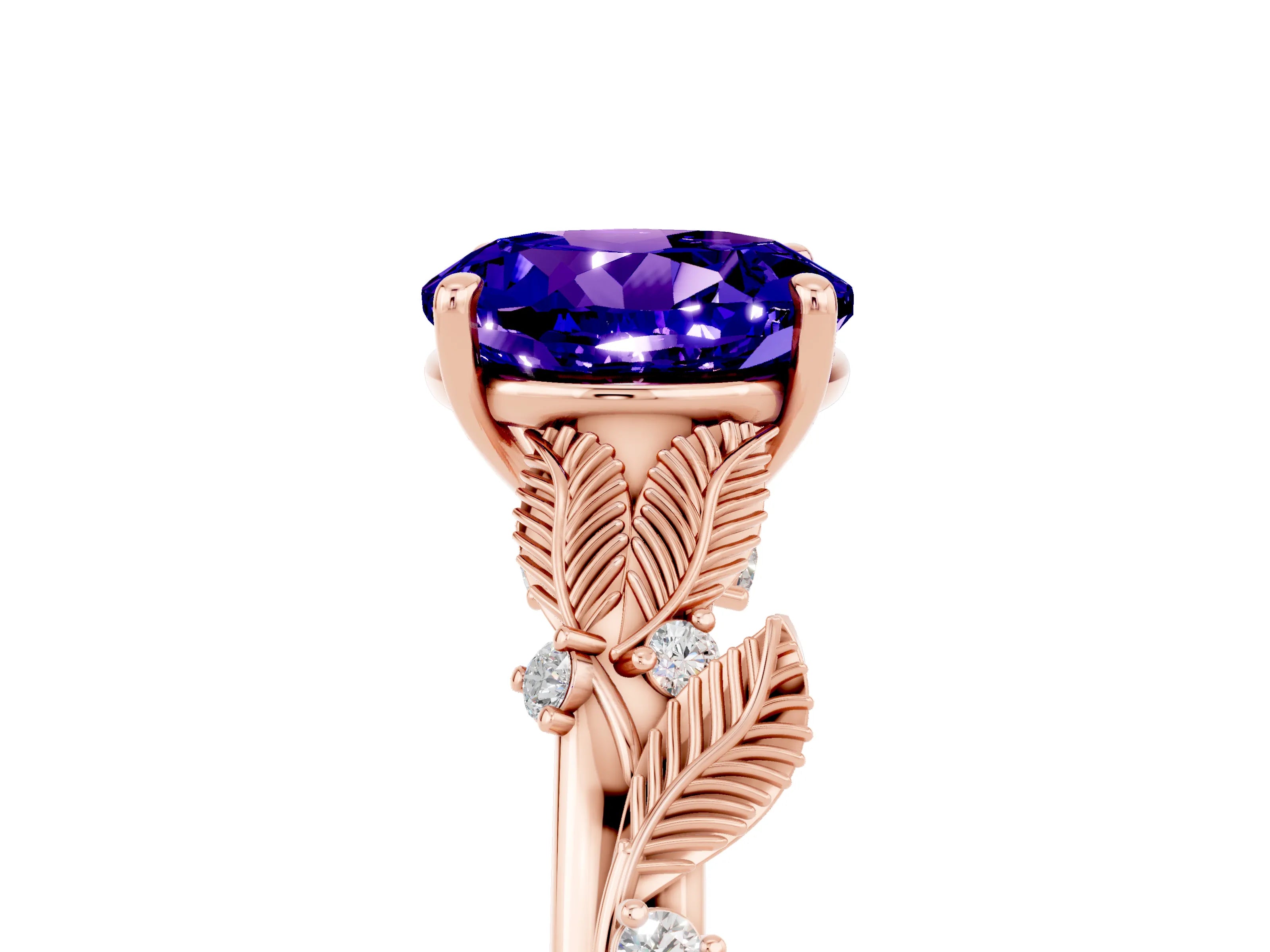 Rose gold Round Cut Tanzanite Solitaire Ring with Leaf Motif Band and Four-Prong Setting_5
